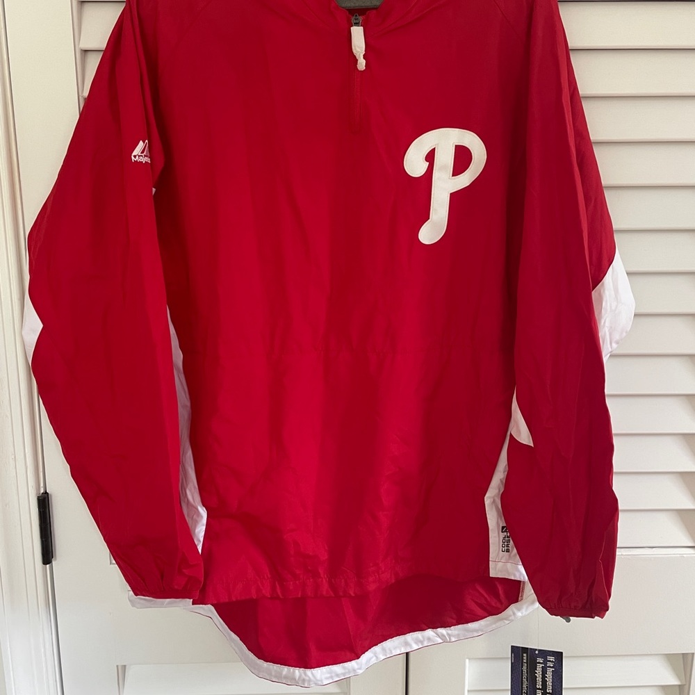 Philadelphia Phillies Jacket Windbreaker Quarter Zip Majestic MLB Mens L Red NWT